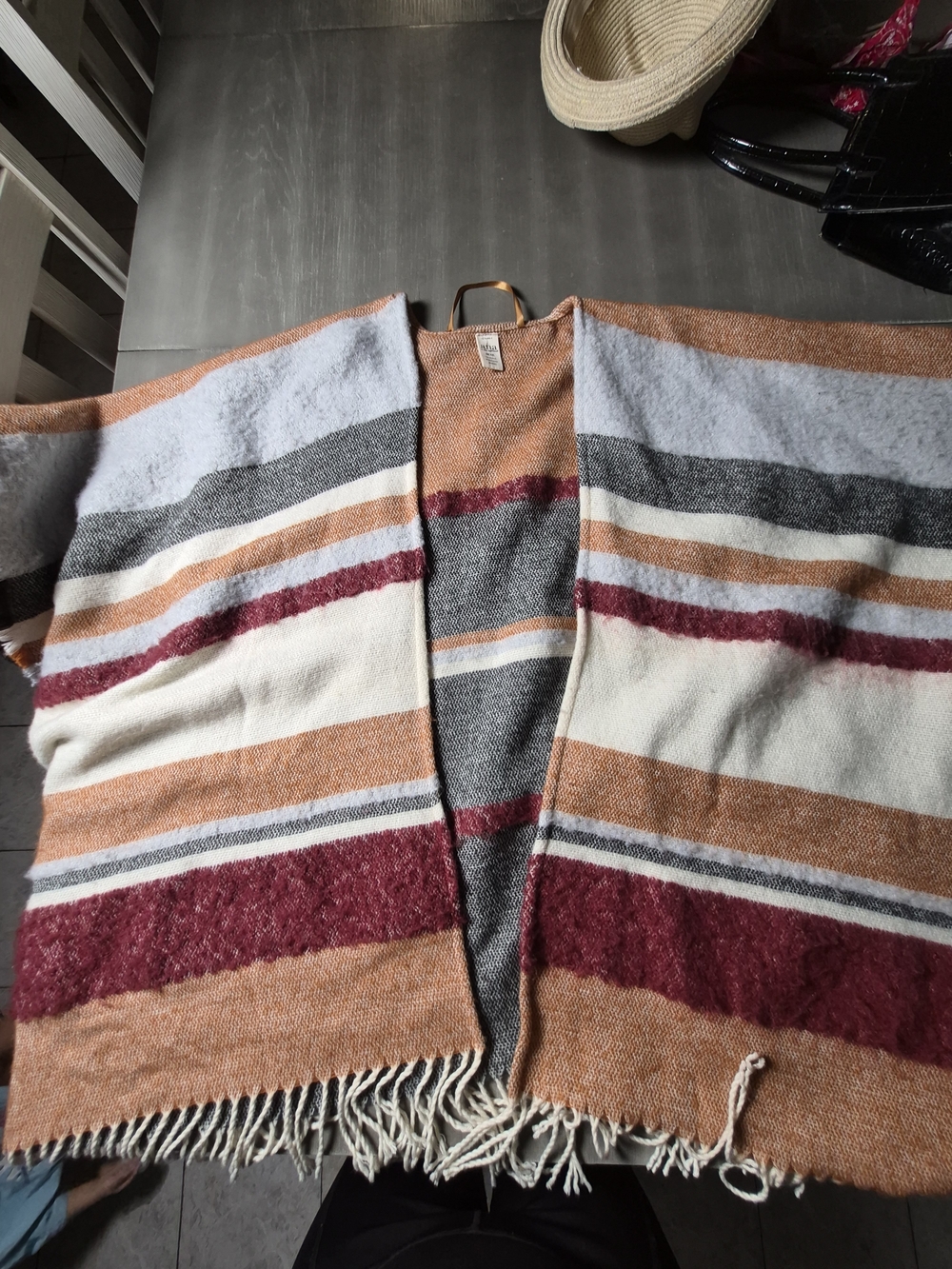 a.n.a Striped Fringe Open Cardigan in Rust, Cream, Gray & Maroon